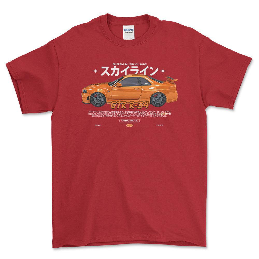 Nissan Skyline GTR R34 - Unisex T-Shirt , Bomuld-Beklædning-Nissan-Rød-S-Forside-Garage Culture Shop- garage - man cave - merchandise