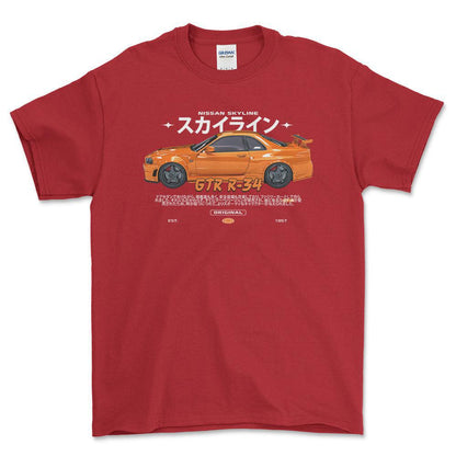 Nissan Skyline GTR R34 - Unisex T-Shirt , Bomuld-Beklædning-Nissan-Rød-S-Forside-Garage Culture Shop- garage - man cave - merchandise