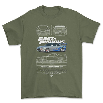 Nissan Skyline GTR R34 - Unisex T-Shirt , Bomuld-Beklædning-Nissan-Grøn Militær-S-Forside-Garage Culture Shop- garage - man cave - merchandise