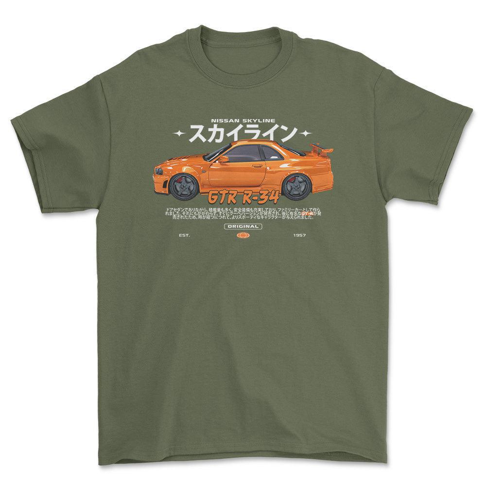 Nissan Skyline GTR R34 - Unisex T-Shirt , Bomuld-Beklædning-Nissan-Grøn Militær-S-Forside-Garage Culture Shop- garage - man cave - merchandise