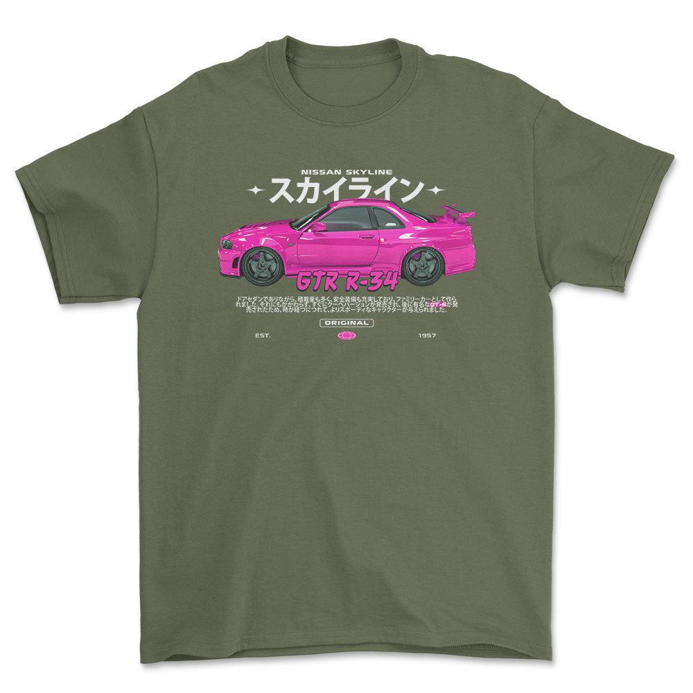 Nissan Skyline GTR R34 - Unisex T-Shirt , Bomuld-Beklædning-Nissan-Grøn Militær-S-Forside-Garage Culture Shop- garage - man cave - merchandise