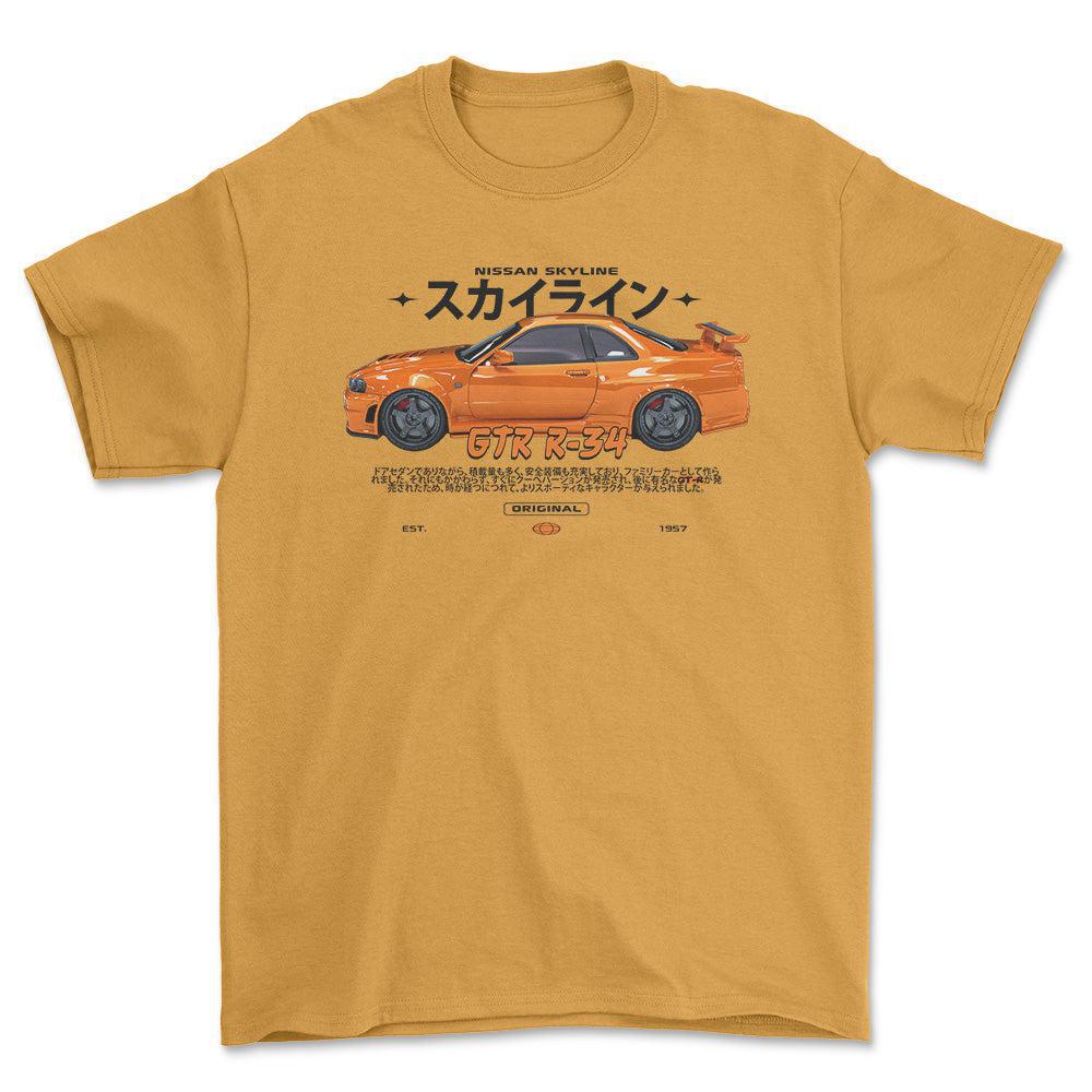 Nissan Skyline GTR R34 - Unisex T-Shirt , Bomuld-Beklædning-Nissan-Guld-S-Forside-Garage Culture Shop- garage - man cave - merchandise