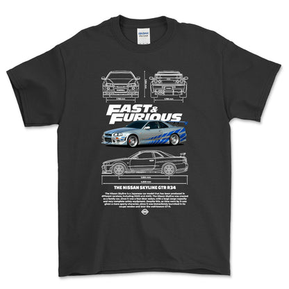 Nissan Skyline GTR R34 - Unisex T-Shirt , Bomuld-Beklædning-Nissan-Sort-S-Forside-Garage Culture Shop- garage - man cave - merchandise
