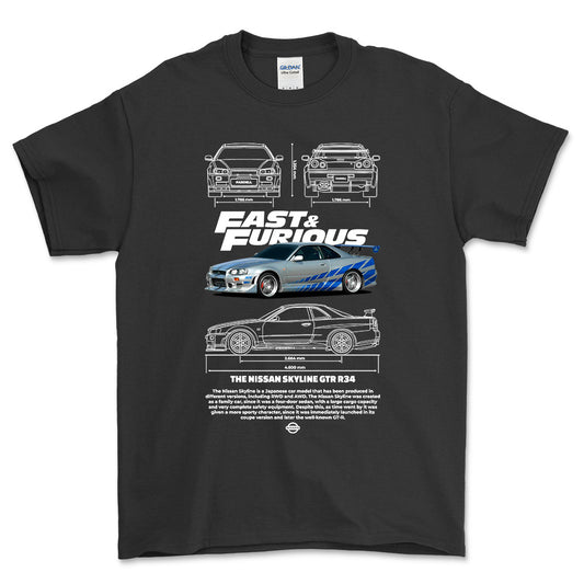Nissan Skyline GTR R34 - Unisex T-Shirt , Bomuld-Beklædning-Nissan-Sort-S-Forside-Garage Culture Shop- garage - man cave - merchandise