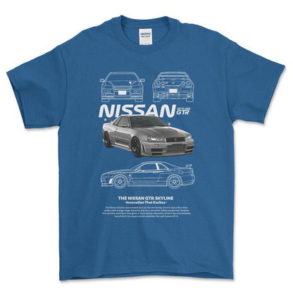 Nissan Skyline GTR - Unisex T-Shirt , Bomuld-Beklædning-Nissan-Blå Royal-S-Forside-Garage Culture Shop- garage - man cave - merchandise