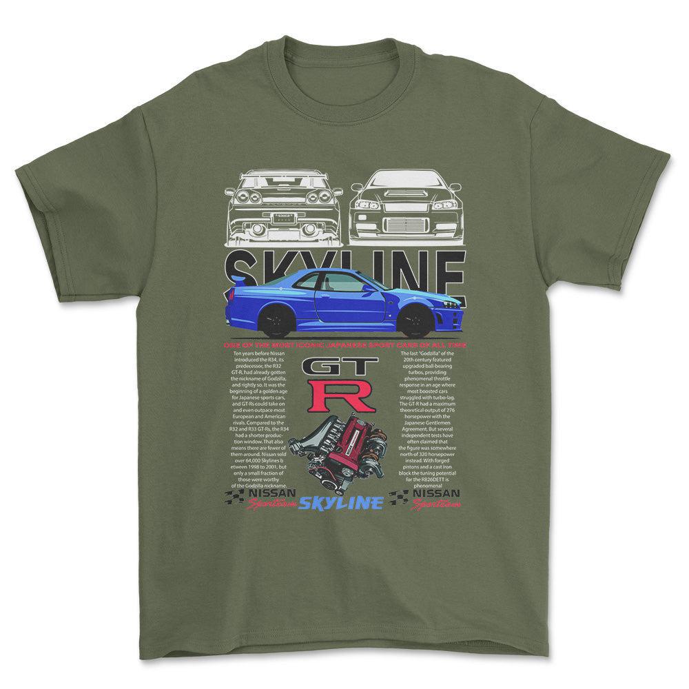 Nissan Skyline GTR - Unisex T-Shirt , Bomuld-Beklædning-Nissan-Grøn Militær-S-Forside-Garage Culture Shop- garage - man cave - merchandise