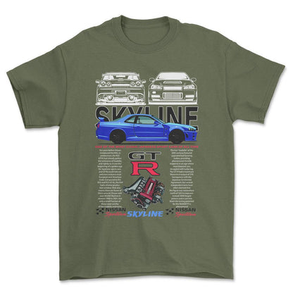 Nissan Skyline GTR - Unisex T-Shirt , Bomuld-Beklædning-Nissan-Grøn Militær-S-Forside-Garage Culture Shop- garage - man cave - merchandise