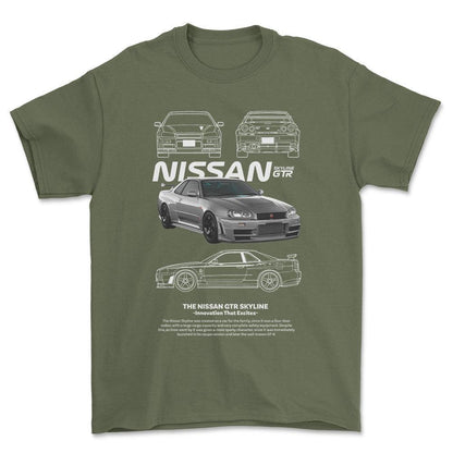 Nissan Skyline GTR - Unisex T-Shirt , Bomuld-Beklædning-Nissan-Grøn Militær-S-Forside-Garage Culture Shop- garage - man cave - merchandise