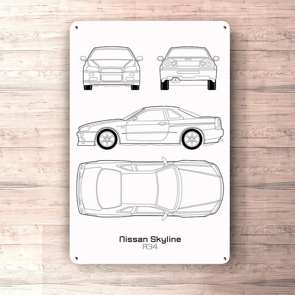 Nissan Skyline Gt-R R34 Blueprint Skilte, Musemåtte, Dørmåtte , Plakat-Blueprint-Nissan-Garage Culture Shop- garage - man cave - merchandise