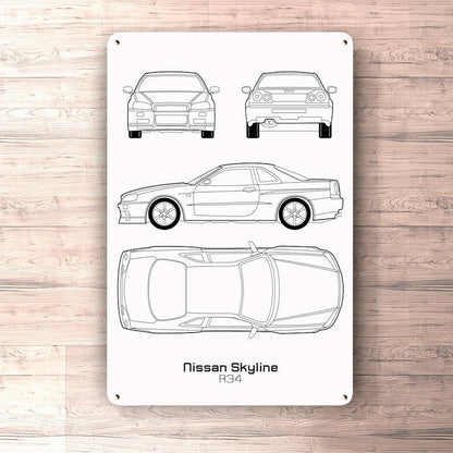 Nissan Skyline Gt-R R34 Blueprint Skilte, Musemåtte, Dørmåtte , Plakat-Blueprint-Nissan-Garage Culture Shop- garage - man cave - merchandise