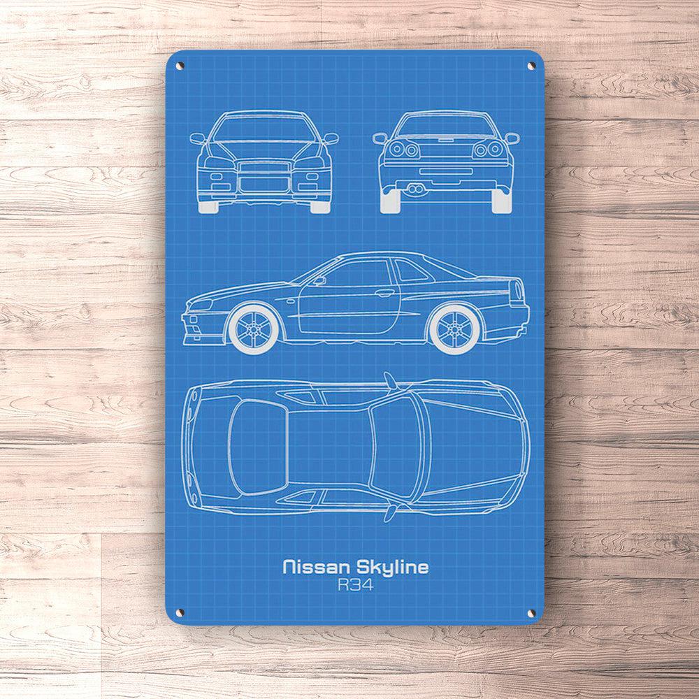 Nissan Skyline Gt-R R34 Blueprint Skilte, Musemåtte, Dørmåtte , Plakat-Blueprint-Nissan-Garage Culture Shop- garage - man cave - merchandise
