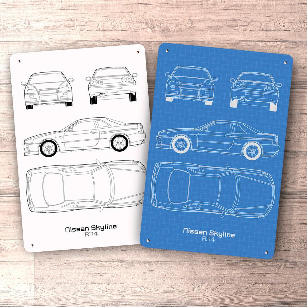 Nissan Skyline Gt-R R34 Blueprint Skilte, Musemåtte, Dørmåtte , Plakat-Blueprint-Nissan-Garage Culture Shop- garage - man cave - merchandise