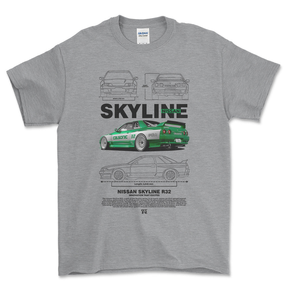 Nissan Skyline R32 - Unisex T-Shirt , Bomuld-Beklædning-Nissan-Grå Sport-S-Forside-Garage Culture Shop- garage - man cave - merchandise
