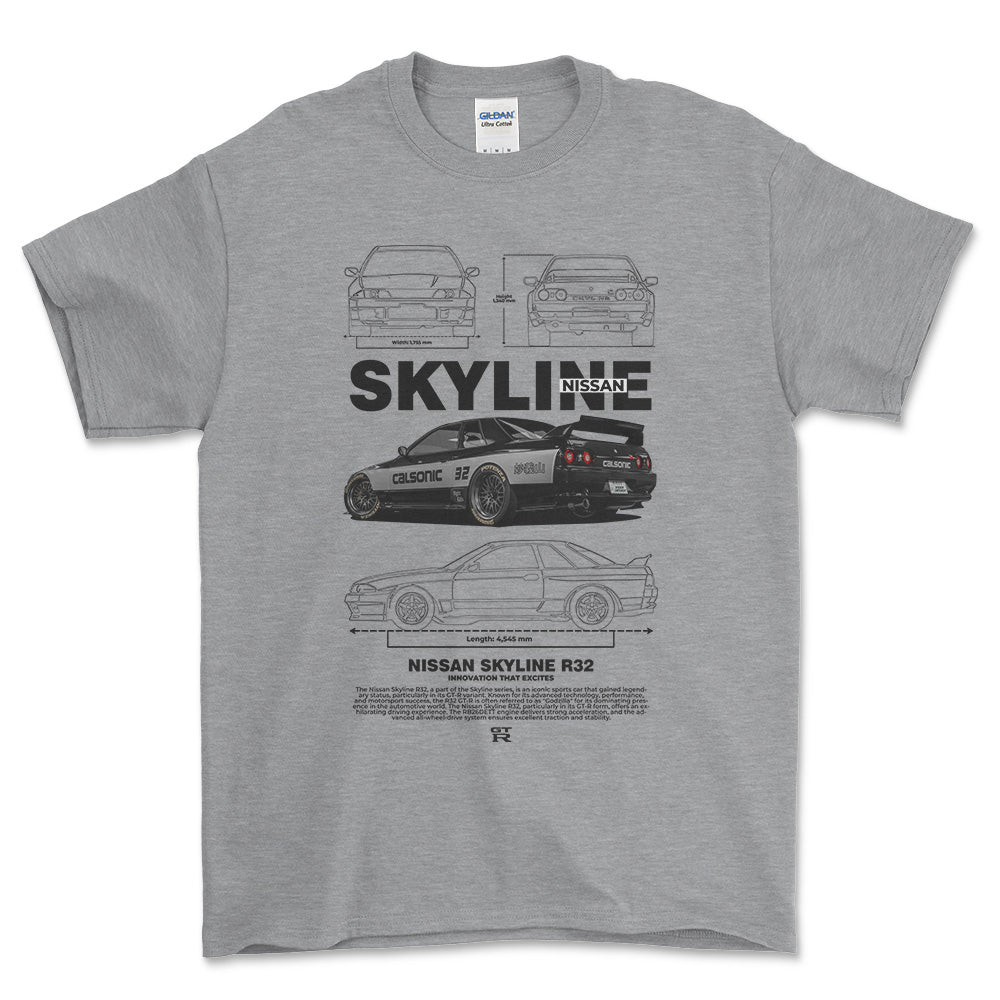 Nissan Skyline R32 - Unisex T-Shirt , Bomuld-Beklædning-Nissan-Grå Sport-S-Forside-Garage Culture Shop- garage - man cave - merchandise