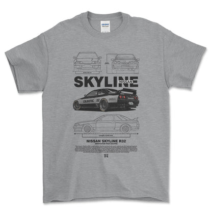 Nissan Skyline R32 - Unisex T-Shirt , Bomuld-Beklædning-Nissan-Grå Sport-S-Forside-Garage Culture Shop- garage - man cave - merchandise