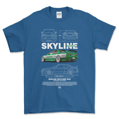 Nissan Skyline R32 - Unisex T-Shirt , Bomuld-Beklædning-Nissan-Blå Royal-S-Forside-Garage Culture Shop- garage - man cave - merchandise