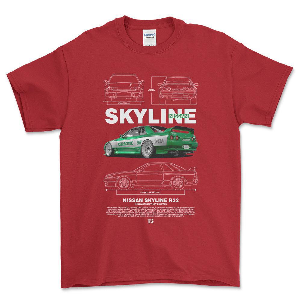 Nissan Skyline R32 - Unisex T-Shirt , Bomuld-Beklædning-Nissan-Rød-S-Forside-Garage Culture Shop- garage - man cave - merchandise