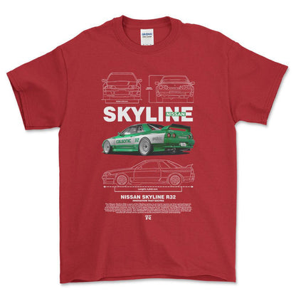 Nissan Skyline R32 - Unisex T-Shirt , Bomuld-Beklædning-Nissan-Rød-S-Forside-Garage Culture Shop- garage - man cave - merchandise