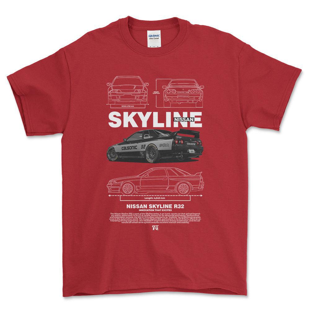 Nissan Skyline R32 - Unisex T-Shirt , Bomuld-Beklædning-Nissan-Rød-S-Forside-Garage Culture Shop- garage - man cave - merchandise