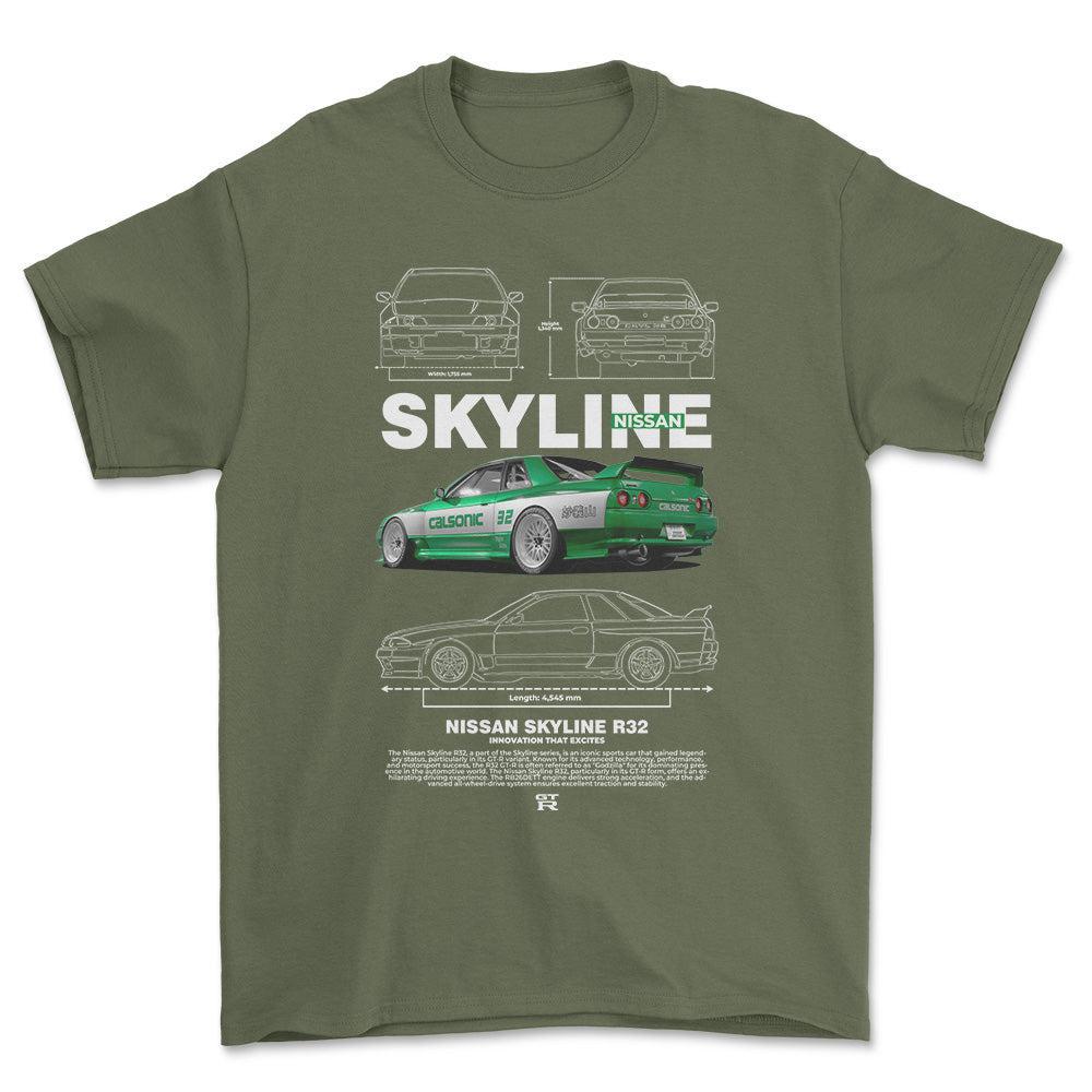 Nissan Skyline R32 - Unisex T-Shirt , Bomuld-Beklædning-Nissan-Grøn Militær-S-Forside-Garage Culture Shop- garage - man cave - merchandise