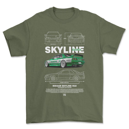 Nissan Skyline R32 - Unisex T-Shirt , Bomuld-Beklædning-Nissan-Grøn Militær-S-Forside-Garage Culture Shop- garage - man cave - merchandise