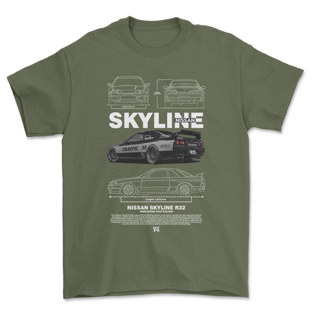 Nissan Skyline R32 - Unisex T-Shirt , Bomuld-Beklædning-Nissan-Grøn Militær-S-Forside-Garage Culture Shop- garage - man cave - merchandise