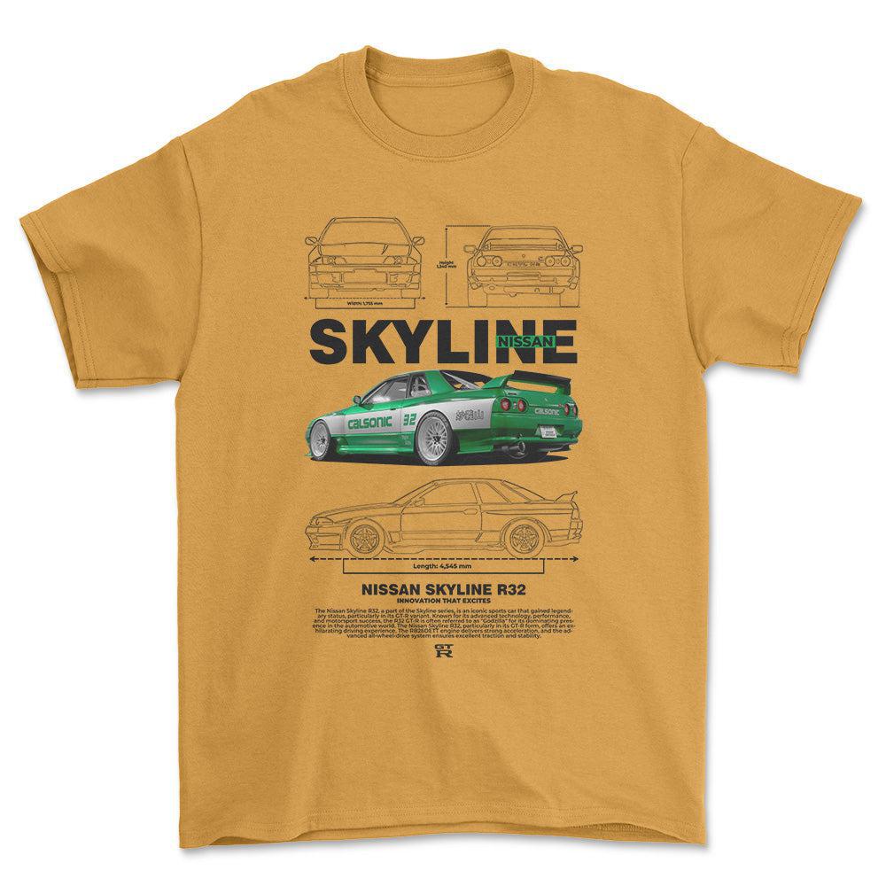 Nissan Skyline R32 - Unisex T-Shirt , Bomuld-Beklædning-Nissan-Guld-S-Forside-Garage Culture Shop- garage - man cave - merchandise