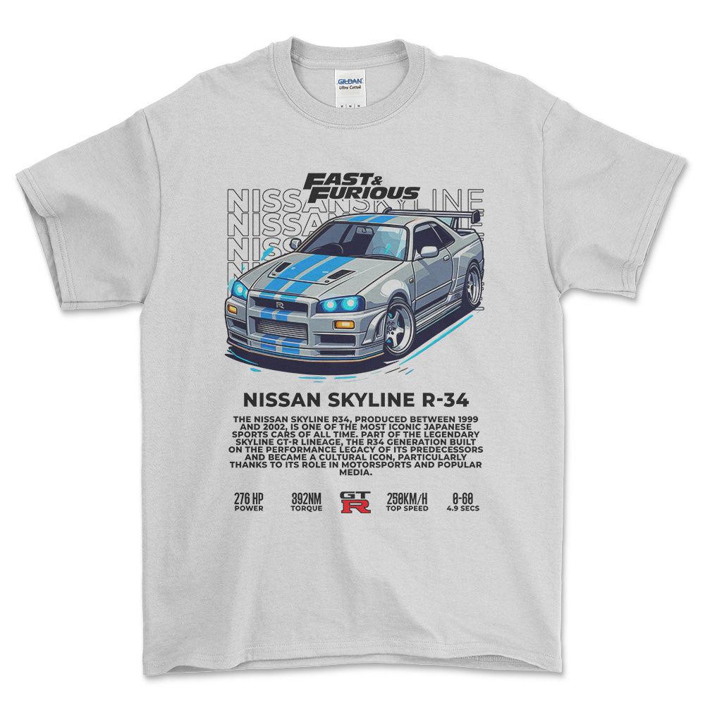 Nissan Skyline R34 - Unisex T-Shirt , Bomuld-Beklædning-Nissan-Hvid-S-Forside-Garage Culture Shop- garage - man cave - merchandise
