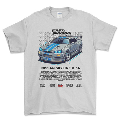 Nissan Skyline R34 - Unisex T-Shirt , Bomuld-Beklædning-Nissan-Hvid-S-Forside-Garage Culture Shop- garage - man cave - merchandise