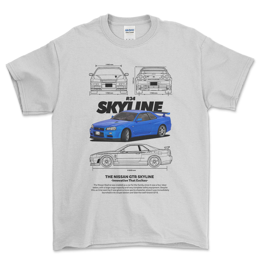 Nissan Skyline R34 - Unisex T-Shirt , Bomuld-Beklædning-Nissan-Hvid-S-Forside-Garage Culture Shop- garage - man cave - merchandise