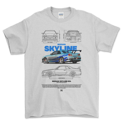 Nissan Skyline R34 - Unisex T-Shirt , Bomuld-Beklædning-Nissan-Hvid-S-Forside-Garage Culture Shop- garage - man cave - merchandise