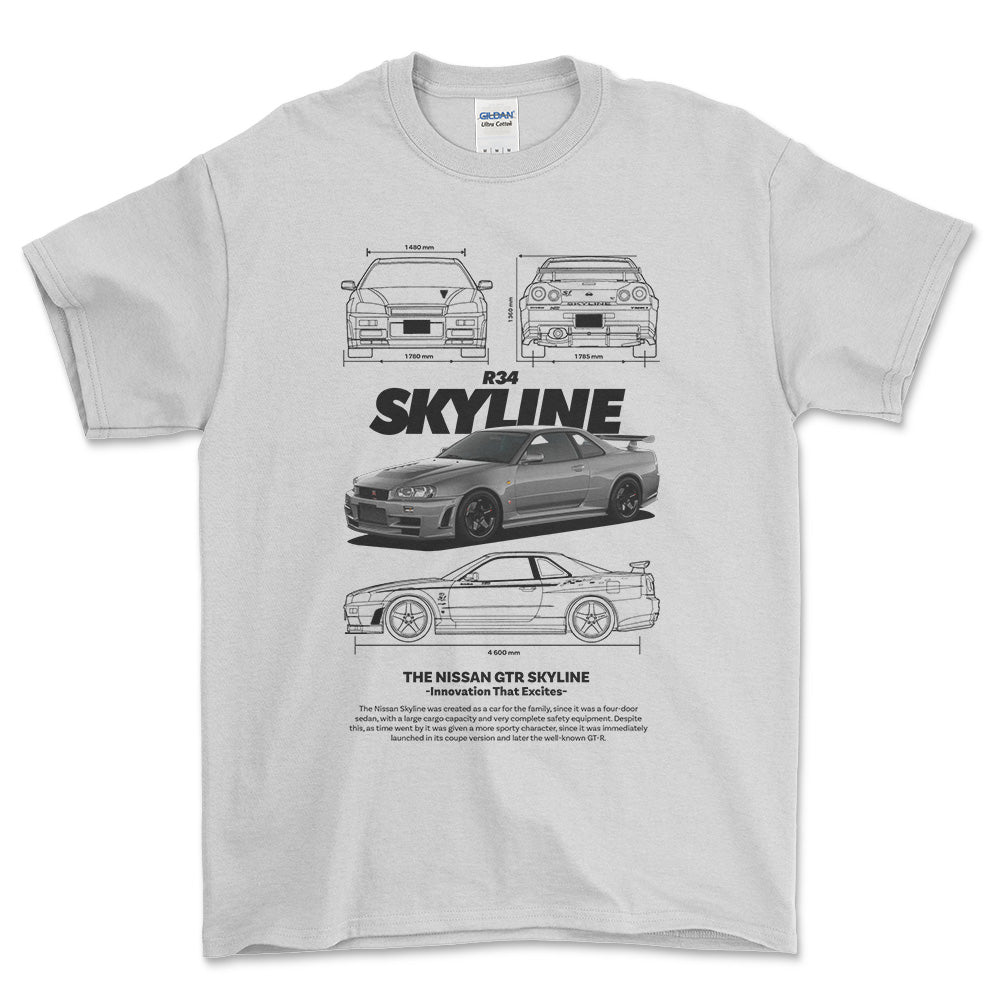 Nissan Skyline R34 - Unisex T-Shirt , Bomuld-Beklædning-Nissan-Hvid-S-Forside-Garage Culture Shop- garage - man cave - merchandise