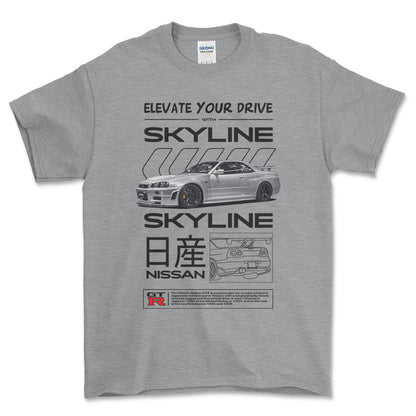 Nissan Skyline R34 - Unisex T-Shirt , Bomuld-Beklædning-Nissan-Grå Sport-S-Forside-Garage Culture Shop- garage - man cave - merchandise