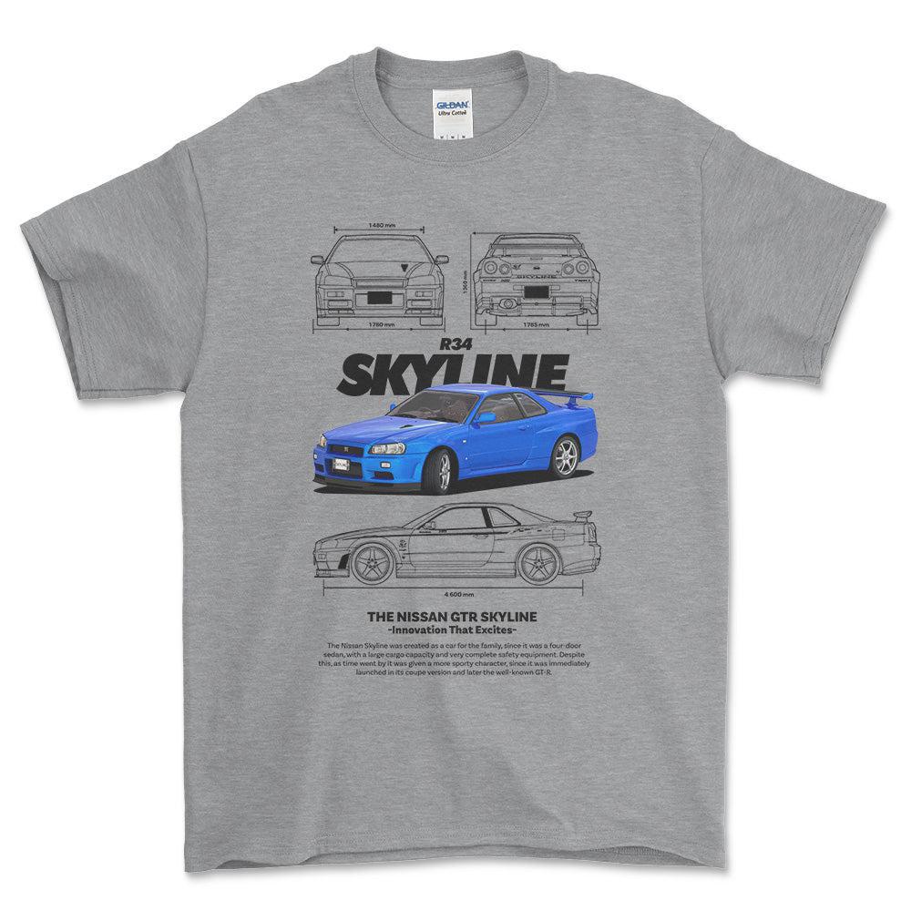 Nissan Skyline R34 - Unisex T-Shirt , Bomuld-Beklædning-Nissan-Grå Sport-S-Forside-Garage Culture Shop- garage - man cave - merchandise