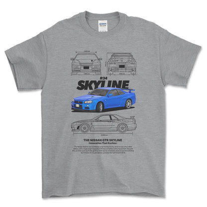 Nissan Skyline R34 - Unisex T-Shirt , Bomuld-Beklædning-Nissan-Grå Sport-S-Forside-Garage Culture Shop- garage - man cave - merchandise