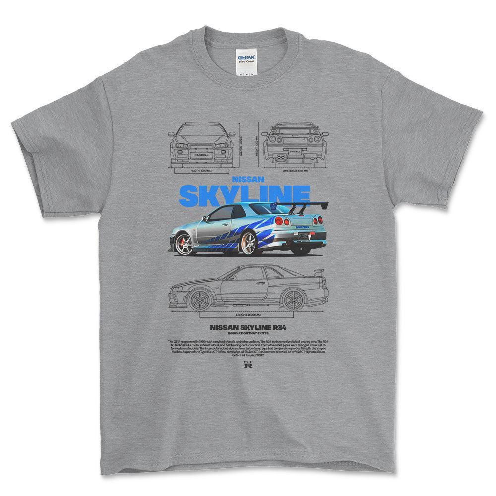 Nissan Skyline R34 - Unisex T-Shirt , Bomuld-Beklædning-Nissan-Grå Sport-S-Forside-Garage Culture Shop- garage - man cave - merchandise