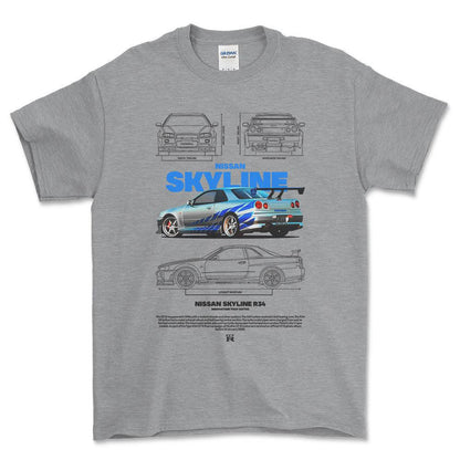 Nissan Skyline R34 - Unisex T-Shirt , Bomuld-Beklædning-Nissan-Grå Sport-S-Forside-Garage Culture Shop- garage - man cave - merchandise