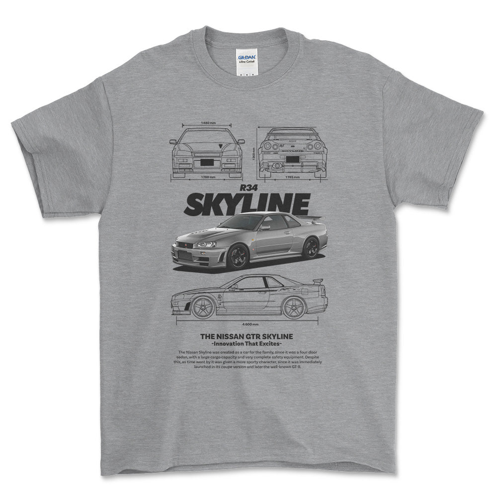 Nissan Skyline R34 - Unisex T-Shirt , Bomuld-Beklædning-Nissan-Grå Sport-S-Forside-Garage Culture Shop- garage - man cave - merchandise