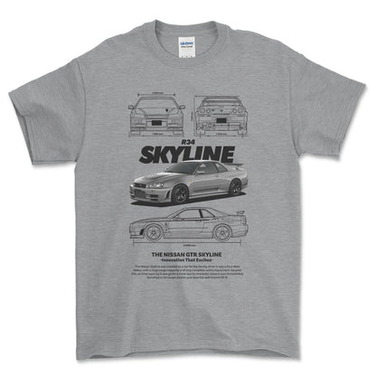Nissan Skyline R34 - Unisex T-Shirt , Bomuld-Beklædning-Nissan-Grå Sport-S-Forside-Garage Culture Shop- garage - man cave - merchandise