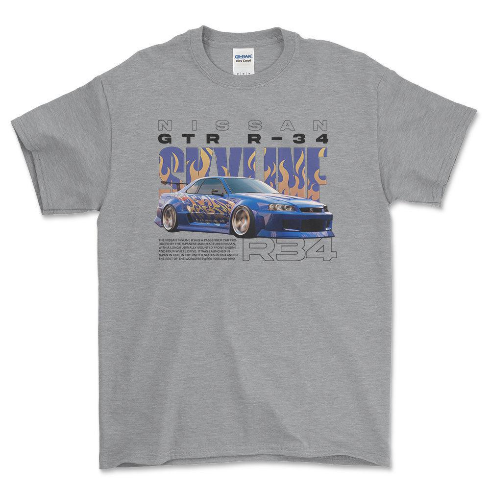 Nissan Skyline R34 - Unisex T-Shirt , Bomuld-Beklædning-Nissan-Grå Sport-S-Forside-Garage Culture Shop- garage - man cave - merchandise
