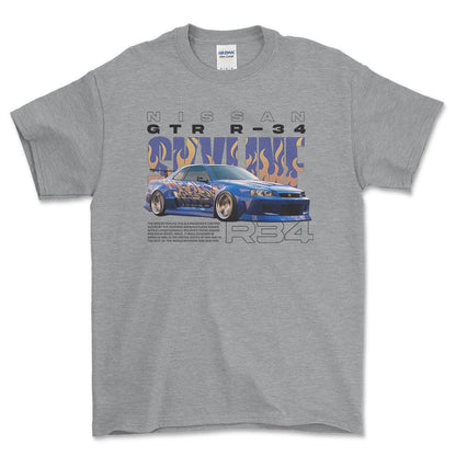 Nissan Skyline R34 - Unisex T-Shirt , Bomuld-Beklædning-Nissan-Grå Sport-S-Forside-Garage Culture Shop- garage - man cave - merchandise
