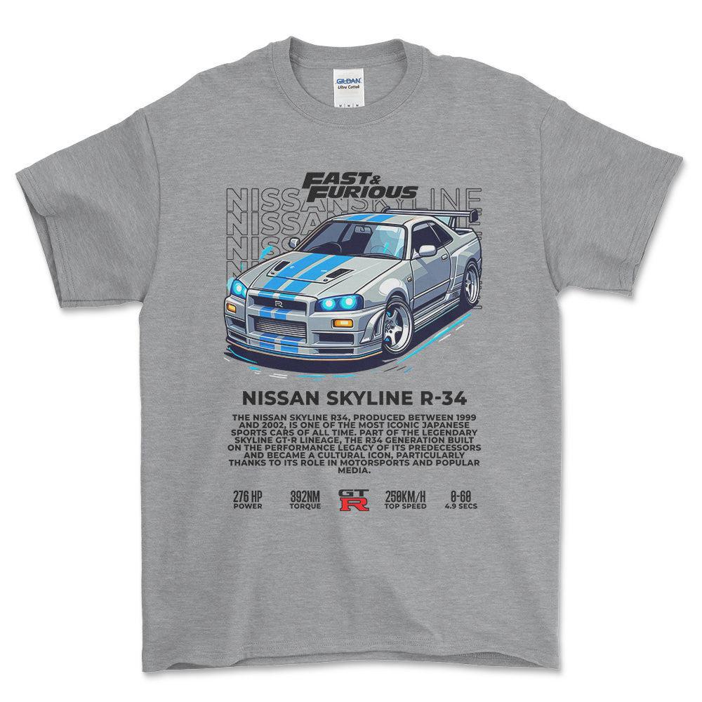 Nissan Skyline R34 - Unisex T-Shirt , Bomuld-Beklædning-Nissan-Grå Sport-S-Forside-Garage Culture Shop- garage - man cave - merchandise