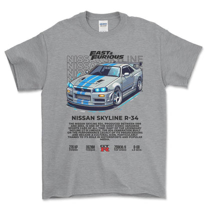 Nissan Skyline R34 - Unisex T-Shirt , Bomuld-Beklædning-Nissan-Grå Sport-S-Forside-Garage Culture Shop- garage - man cave - merchandise