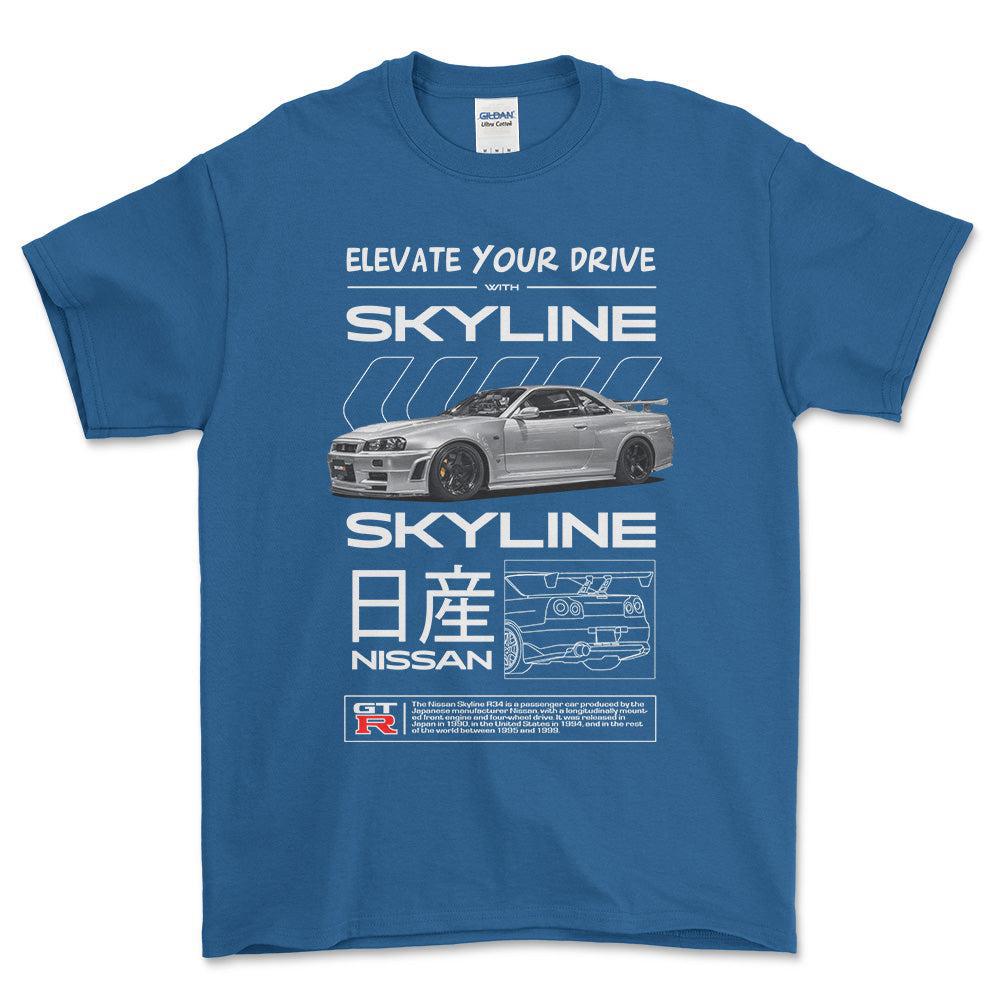 Nissan Skyline R34 - Unisex T-Shirt , Bomuld-Beklædning-Nissan-Blå Royal-S-Forside-Garage Culture Shop- garage - man cave - merchandise