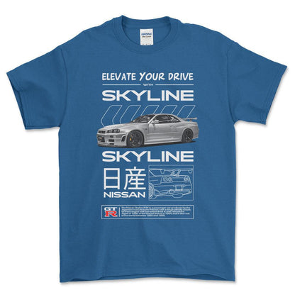 Nissan Skyline R34 - Unisex T-Shirt , Bomuld-Beklædning-Nissan-Blå Royal-S-Forside-Garage Culture Shop- garage - man cave - merchandise