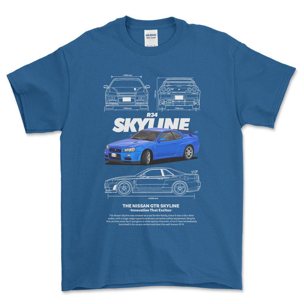 Nissan Skyline R34 - Unisex T-Shirt , Bomuld-Beklædning-Nissan-Blå Royal-S-Forside-Garage Culture Shop- garage - man cave - merchandise
