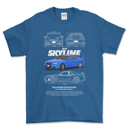 Nissan Skyline R34 - Unisex T-Shirt , Bomuld-Beklædning-Nissan-Blå Royal-S-Forside-Garage Culture Shop- garage - man cave - merchandise