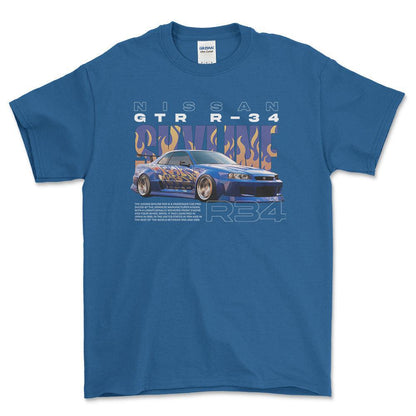 Nissan Skyline R34 - Unisex T-Shirt , Bomuld-Beklædning-Nissan-Blå Royal-S-Forside-Garage Culture Shop- garage - man cave - merchandise