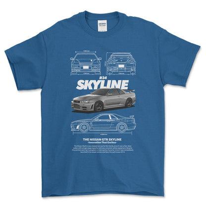 Nissan Skyline R34 - Unisex T-Shirt , Bomuld-Beklædning-Nissan-Blå Royal-S-Forside-Garage Culture Shop- garage - man cave - merchandise