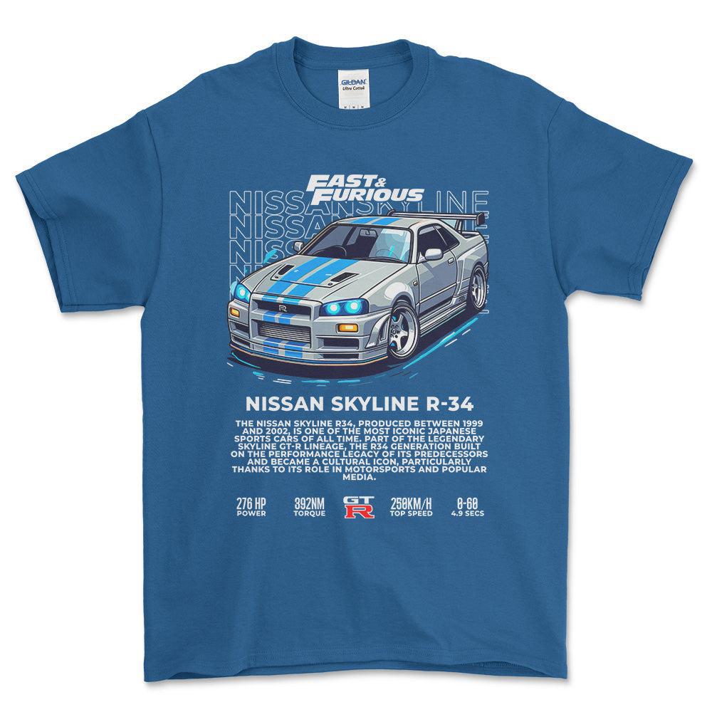 Nissan Skyline R34 - Unisex T-Shirt , Bomuld-Beklædning-Nissan-Blå Royal-S-Forside-Garage Culture Shop- garage - man cave - merchandise